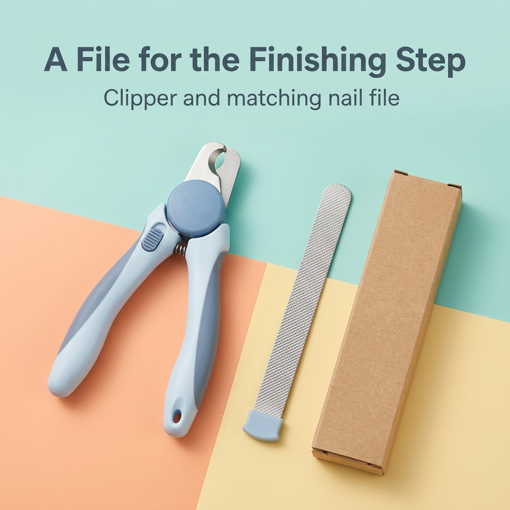 Matching textured metal nail file alongside ice-blue dog nail clipper