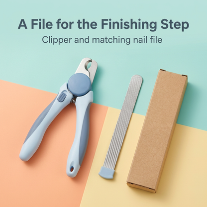 Matching textured metal nail file alongside ice-blue dog nail clipper