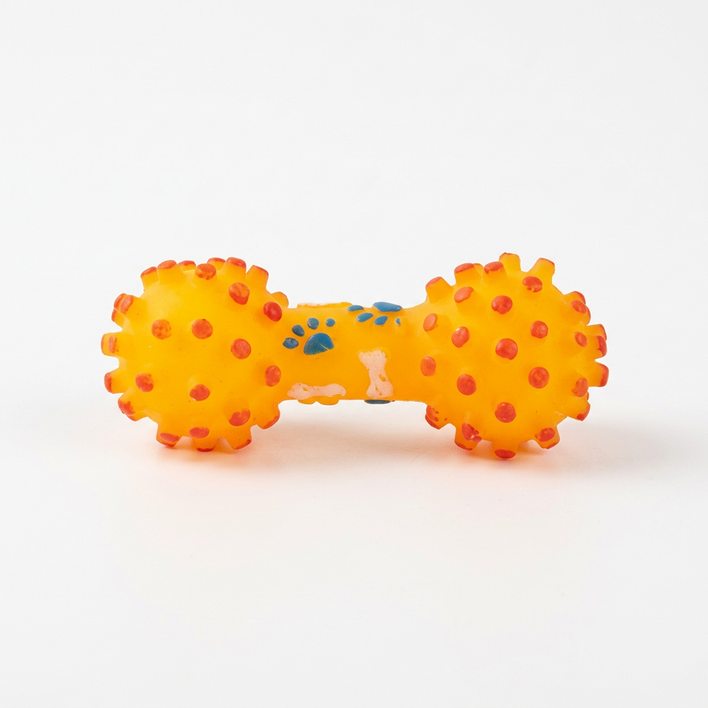 Single orange textured dumbbell squeaky dog toy on white background