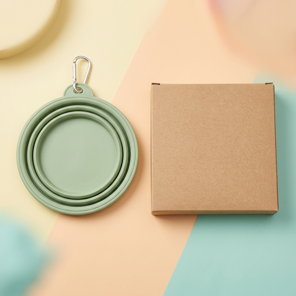 Collapsed sage green pet bowl showing flat circular storage shape