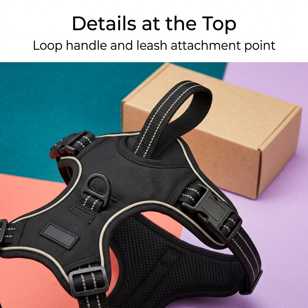 Black dog harness top loop handle and leash attachment detail