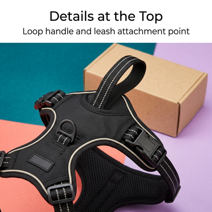 Black dog harness top loop handle and leash attachment detail