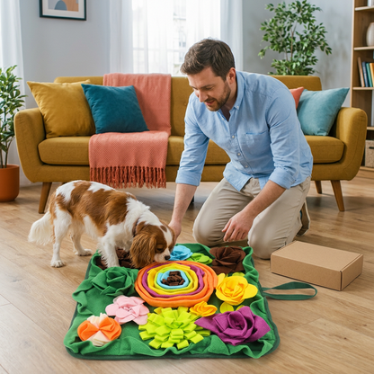 Man supervising a dog searching a rainbow flower snuffle mat in a bright apartment