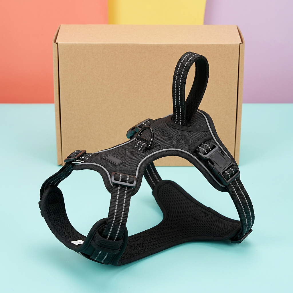 Alternate angle of black chest harness showing straps buckles and top handle