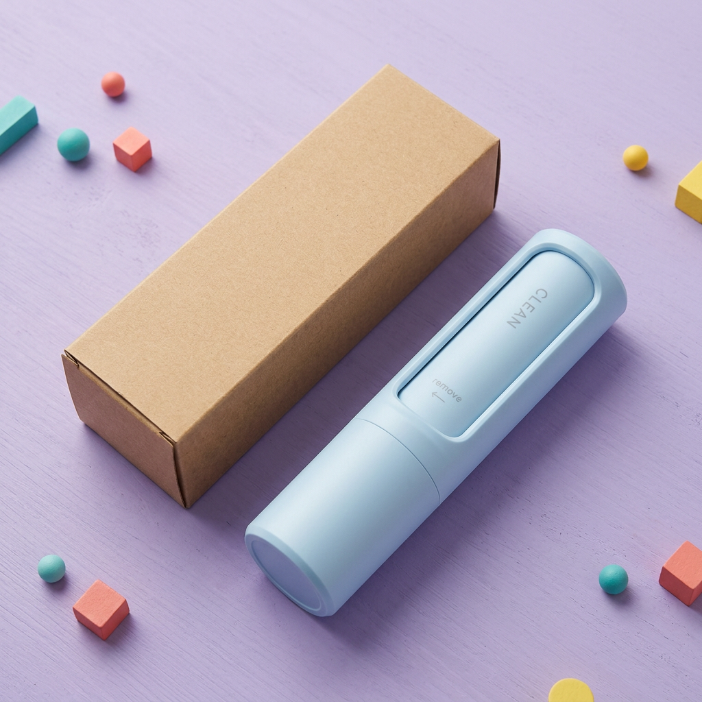 Angled blue handheld lint remover alongside logo-free packaging