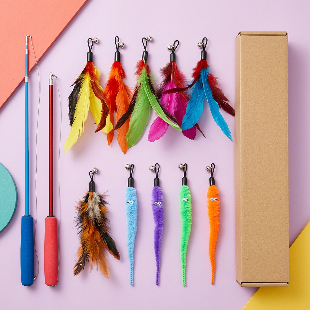 Red and blue cat wand set with colorful lures and plain kraft packaging