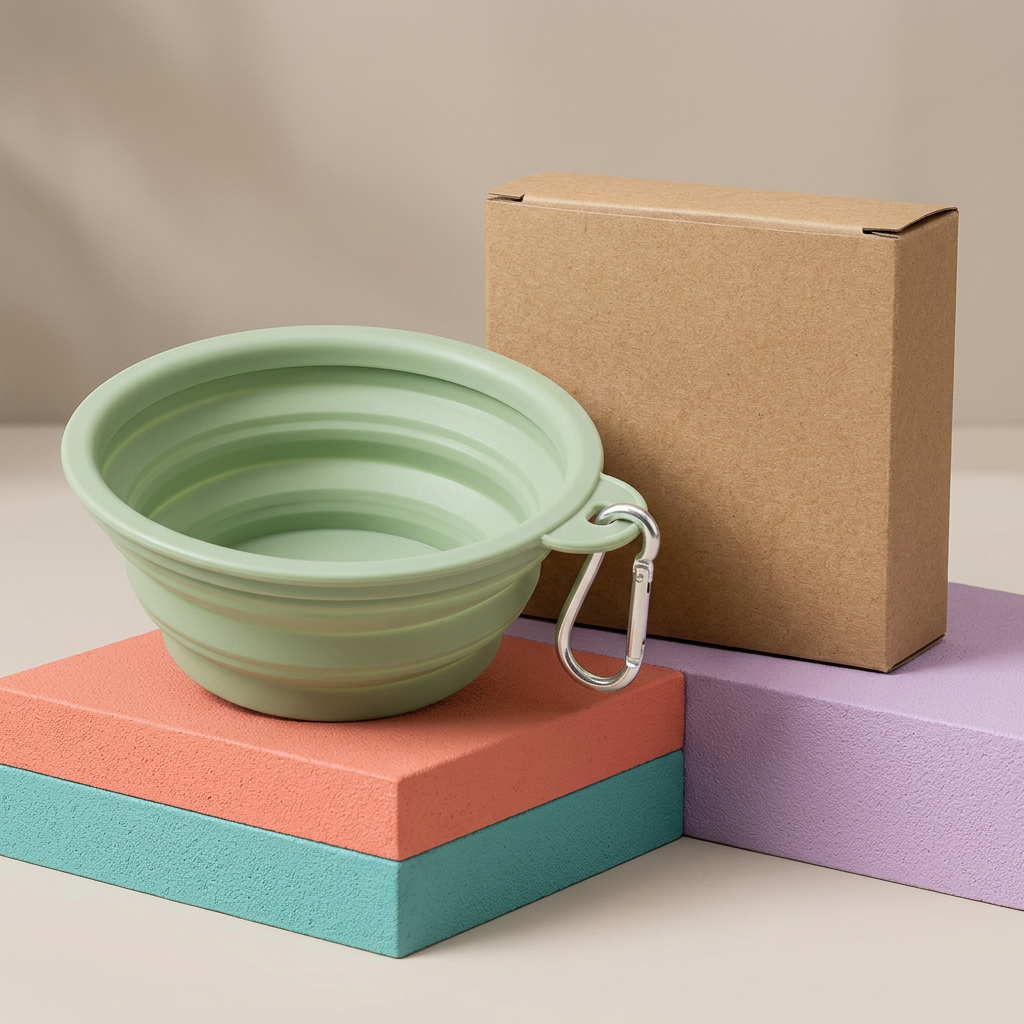 Sage green collapsible bowl on colorful display with plain kraft packaging
