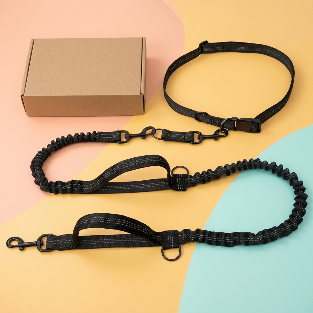 Overhead view of black pet leash set with dual handles and matching adjustable belt
