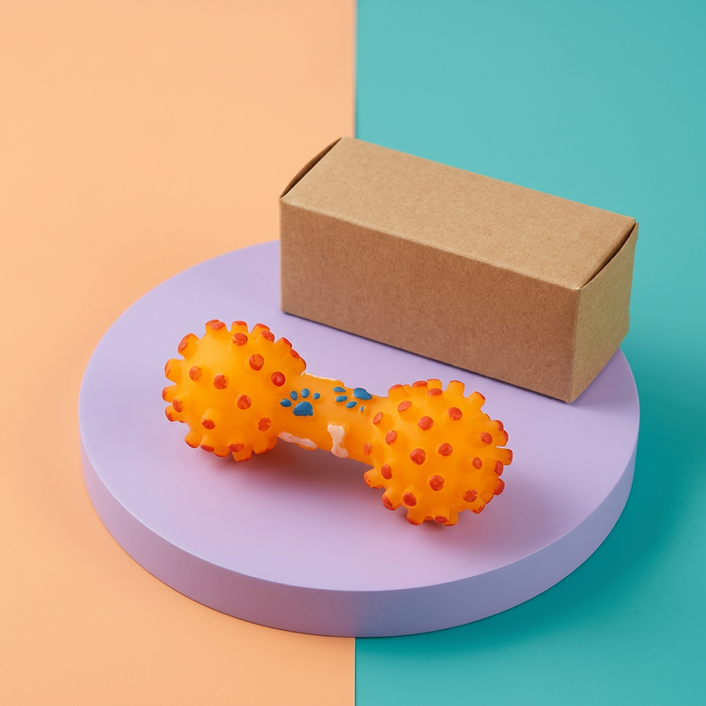 Angled orange dumbbell dog toy studio image with logo-free packaging
