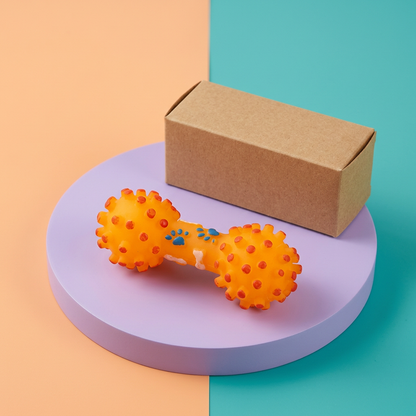 Angled orange dumbbell dog toy studio image with logo-free packaging