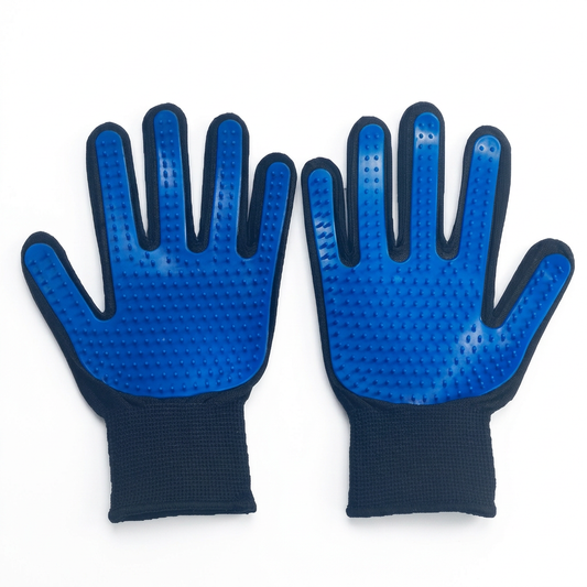 Pair of blue rubber palm cat grooming gloves with dark cuffs on white background