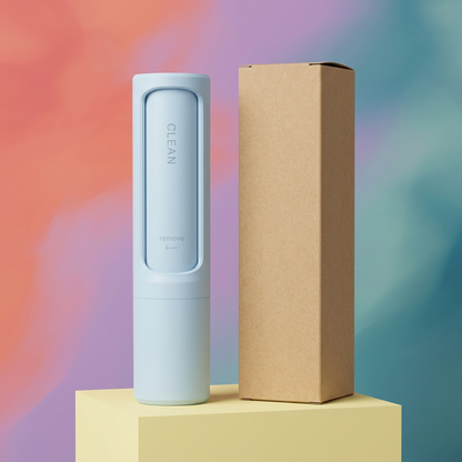 Pastel blue lint remover with plain kraft packaging on a colorful studio display