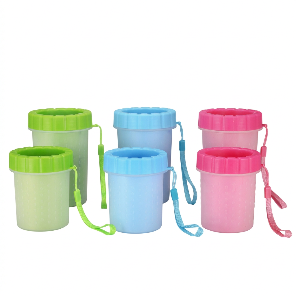 Six pet paw washing cups in green blue and pink with two heights per color on white