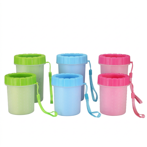 Six pet paw washing cups in green blue and pink with two heights per color on white