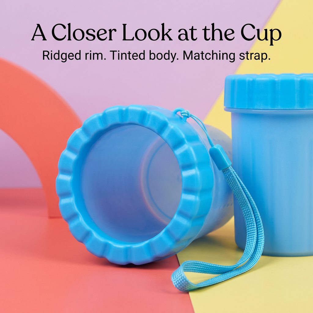 Close-up of ridged blue cup rim tinted body and matching side strap