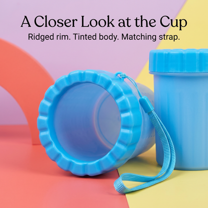 Close-up of ridged blue cup rim tinted body and matching side strap