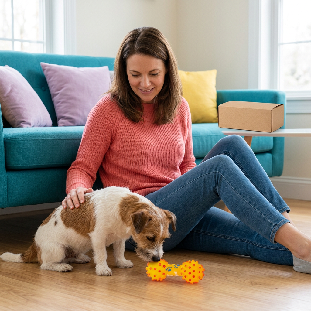 Supervised play guidance with orange toy and plain kraft box