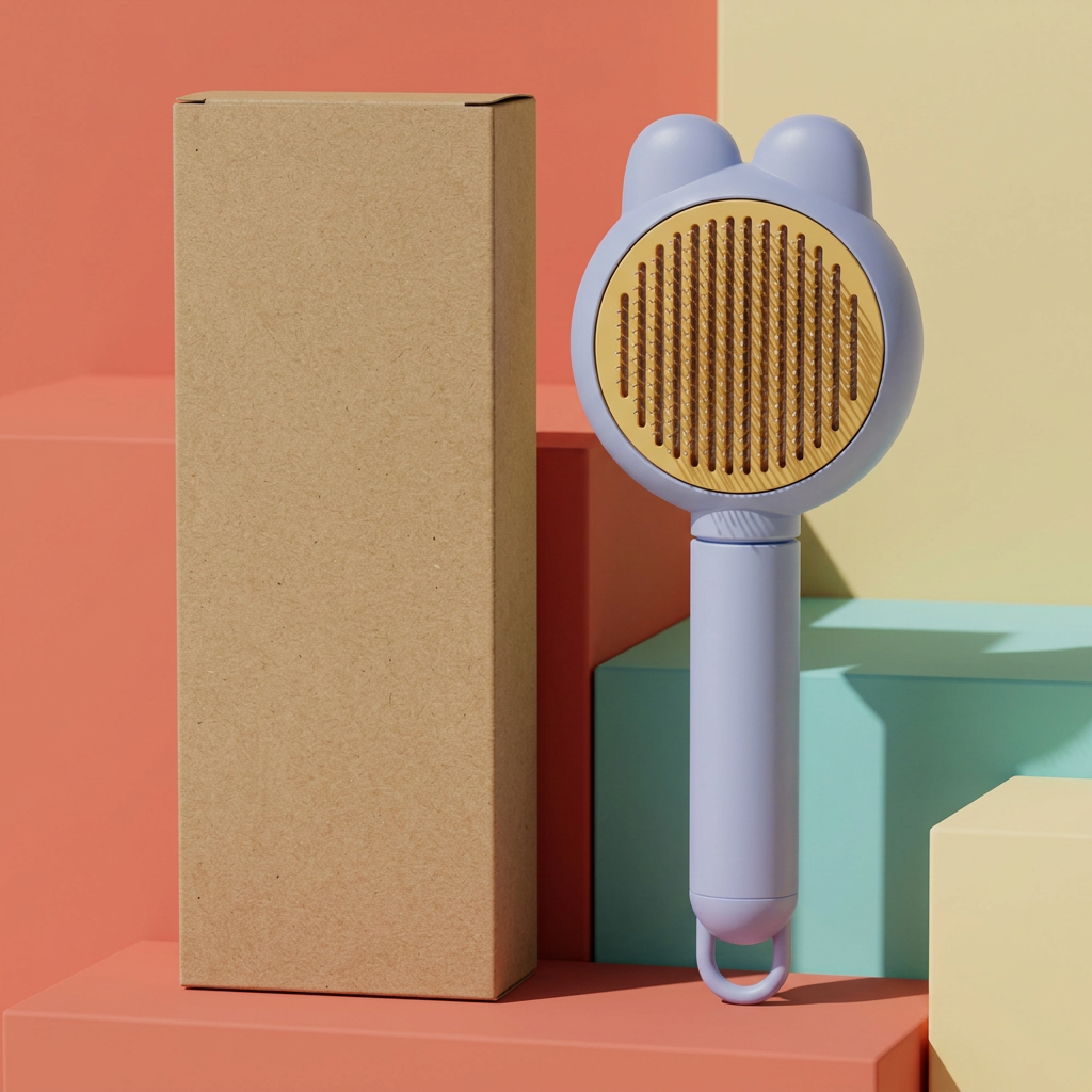 Lavender press-release grooming brush with plain kraft packaging on a colorful background