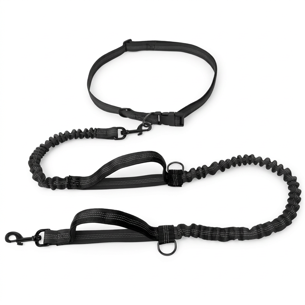 Black dog leash set with belt dual handles and gathered sections on white background