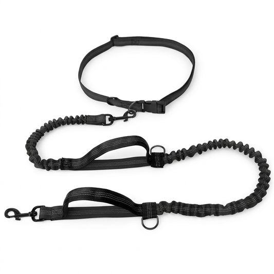 Black dog leash set with belt dual handles and gathered sections on white background