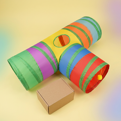 Alternate angle of rainbow cat tunnel with matching logo-free packaging