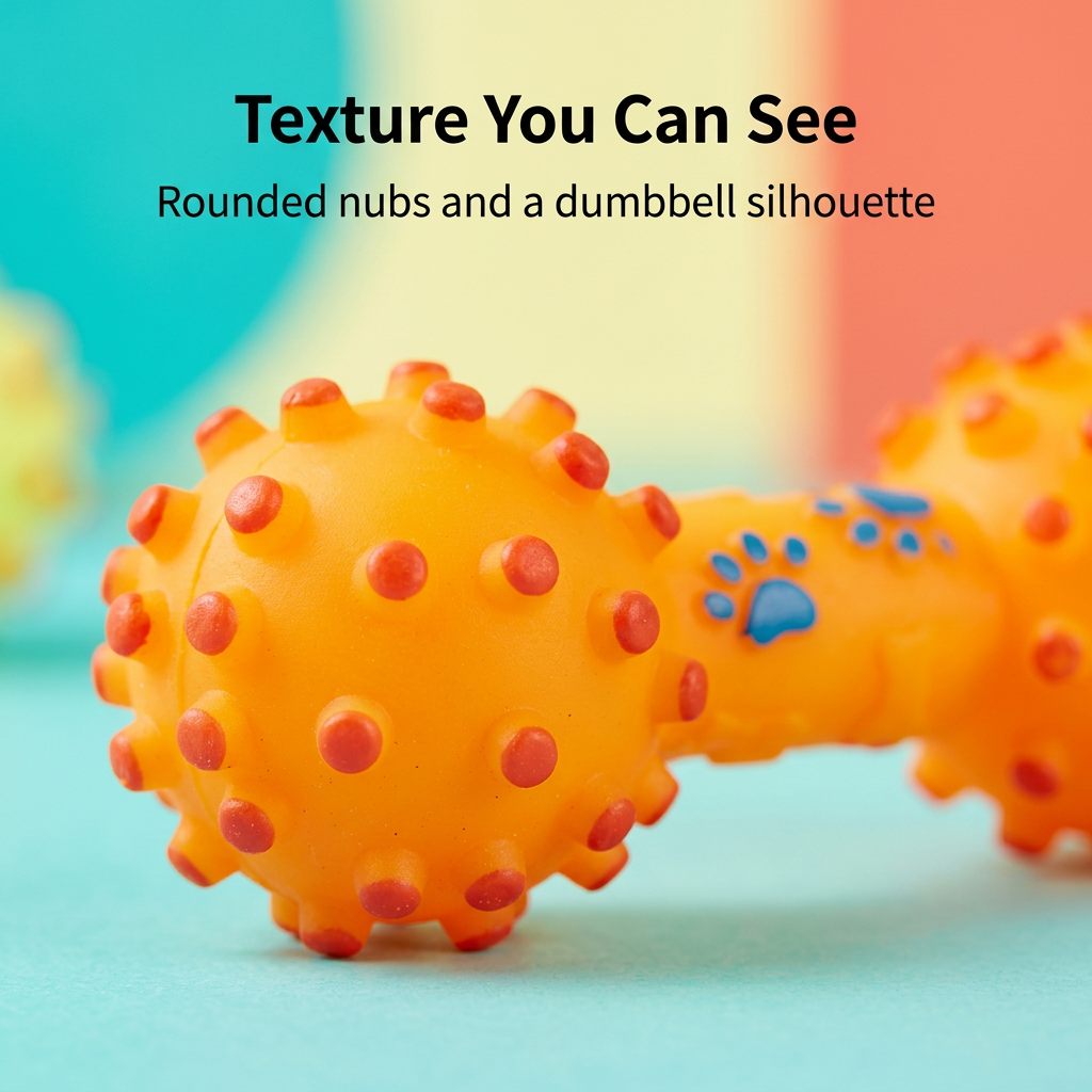 Close-up of rounded raised nubs on orange dumbbell toy