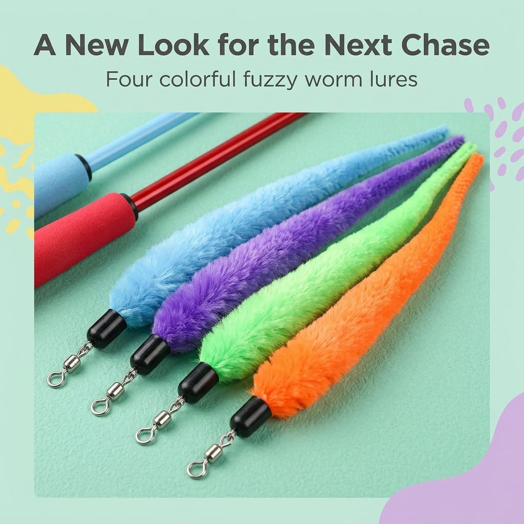 Four fuzzy worm lures in light blue purple green and orange