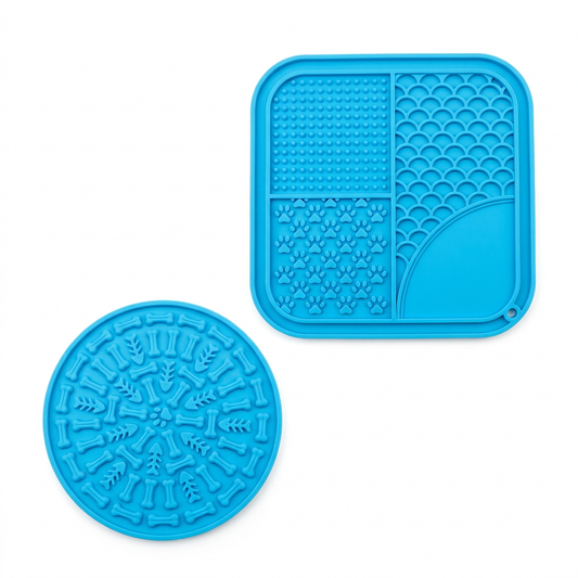 Two-piece blue silicone lick mat set with square and round fronts on white background