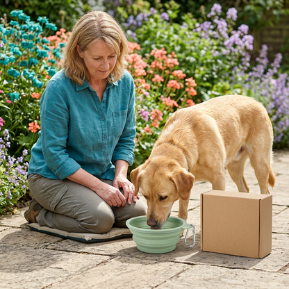 Western adult woman with dog using sage green collapsible bowl outdoors