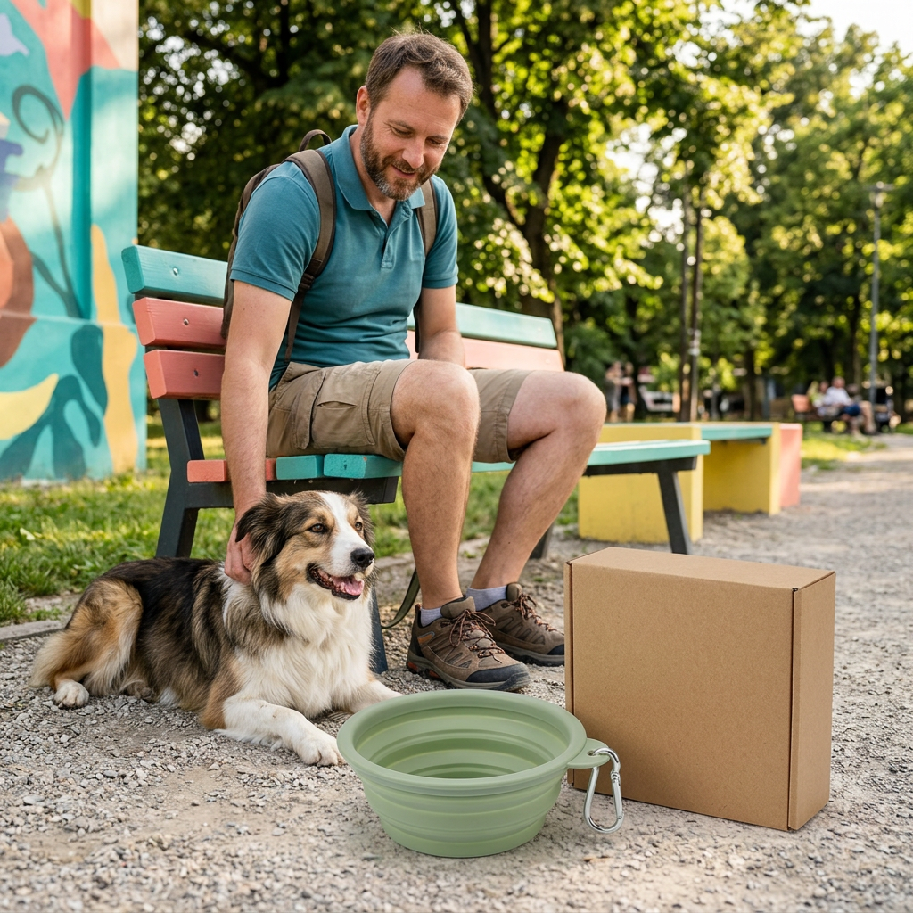 Western adult man beside dog and sage green collapsible travel bowl in park