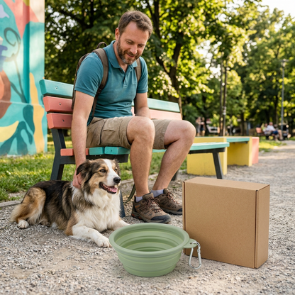 Western adult man beside dog and sage green collapsible travel bowl in park