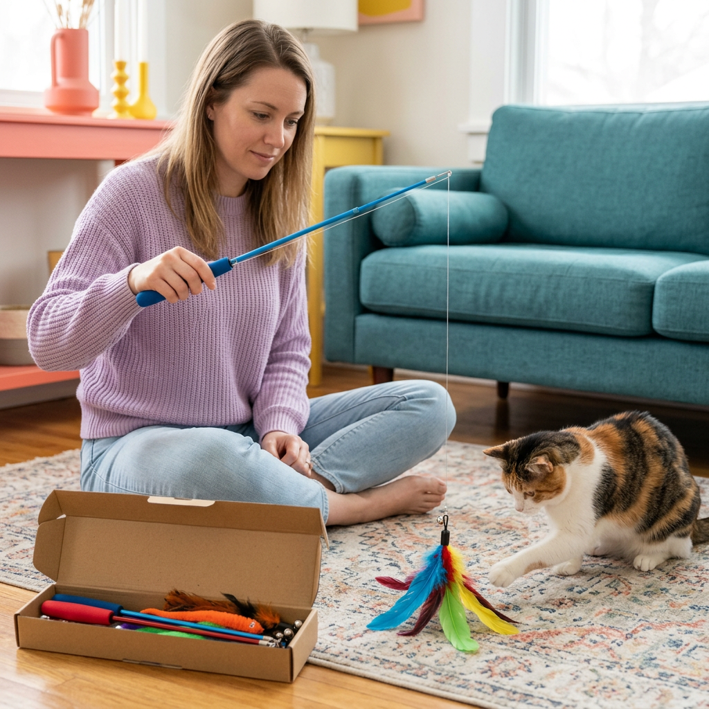 Woman guiding a feather wand during supervised cat play at home