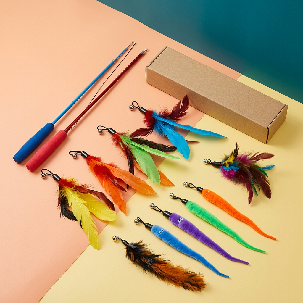 Colorful cat teaser kit arranged on a bright studio background