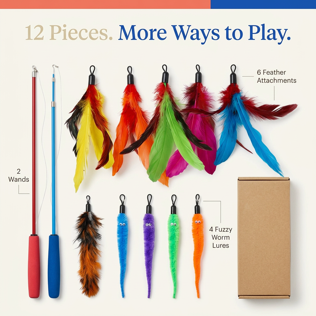 Twelve-piece kit overview showing two wands six feather attachments and four worm lures