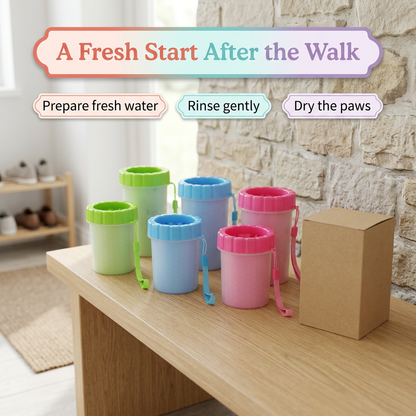 Post-walk paw washing routine with the colorful cup set