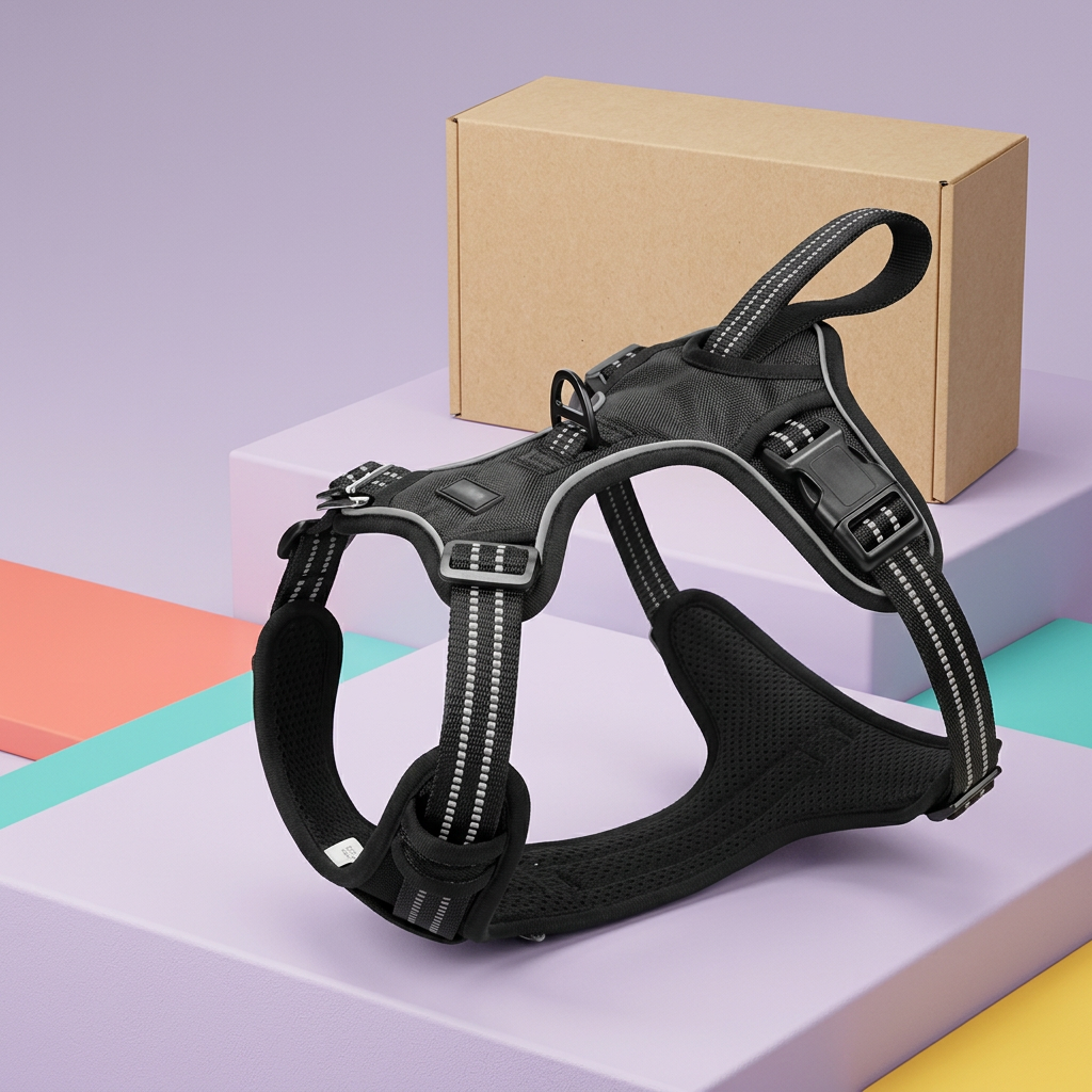 Black adjustable dog harness on a colorful studio display with plain kraft packaging
