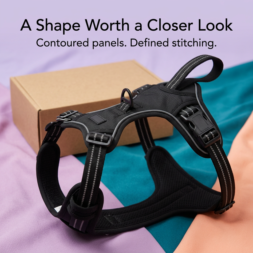 Black dog harness contoured chest panel and contrast stitching detail